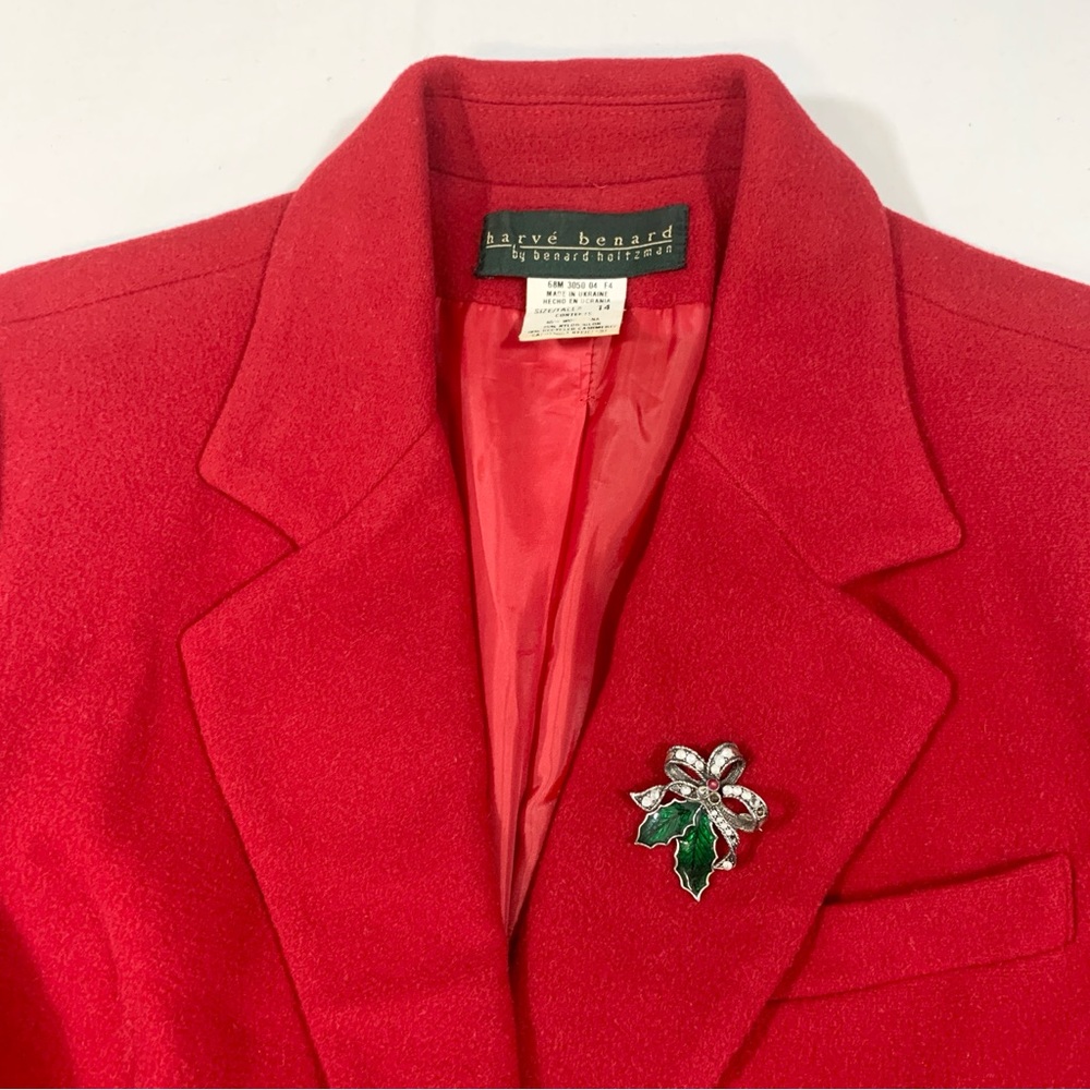 Vtg Harve Bernard Holtzman Womens Blazer Sz 14 Cashmere Wool Blend Red Brooch